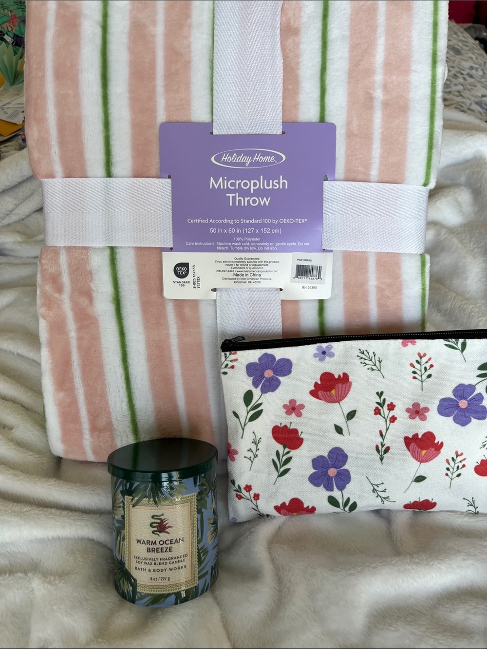 Holiday Home Microplush Throw - Pink & Green Stripes